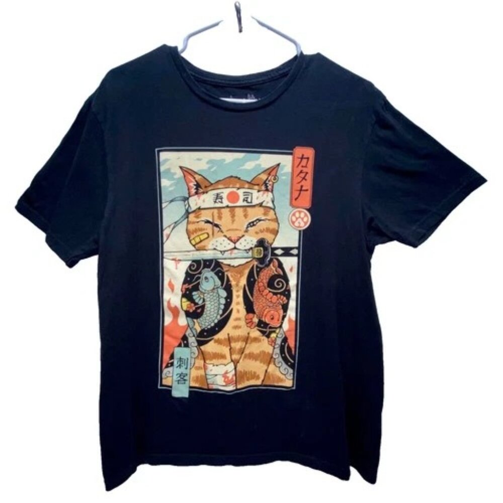 Threadless x Vincent‎ Trinidad T-Shirt Men's Med. Black Japan Fight Cat Logo Tee